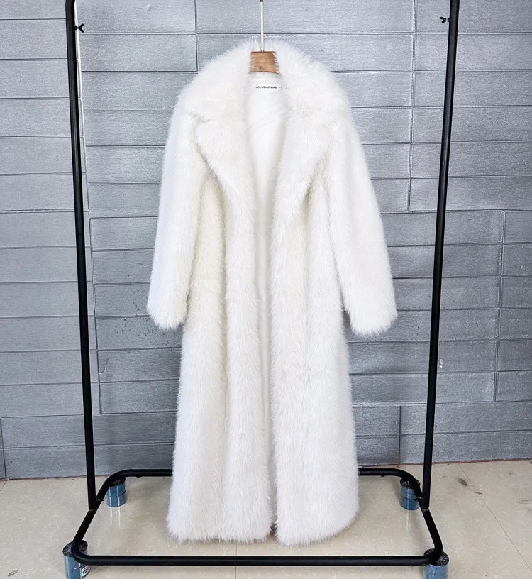 Manteau long en fausse fourrure pour femmes, automne hiver, grande taille, col rabattu blanc, poches, épais et chaud, manteau long maxi