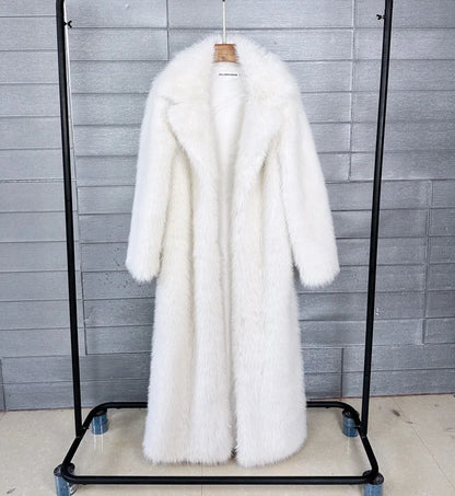 Manteau long en fausse fourrure pour femmes, automne hiver, grande taille, col rabattu blanc, poches, épais et chaud, manteau long maxi
