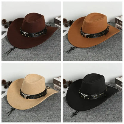 Chapeau de Cowboy occidental de Style ethnique Cool, chapeau de Jazz à large bord en rouleau, tête de vache, chapeau de chevalier de couleur unie, Protection solaire