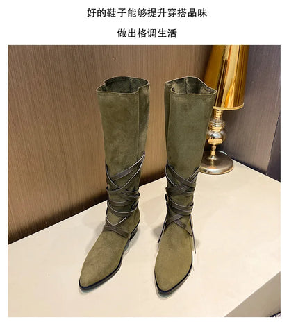 Matte Leather Gothic Western Cowboy Boots Women's Fashion Autumn New Style Pointed Toe Lace-up Retro High Top Flat Heel Boots