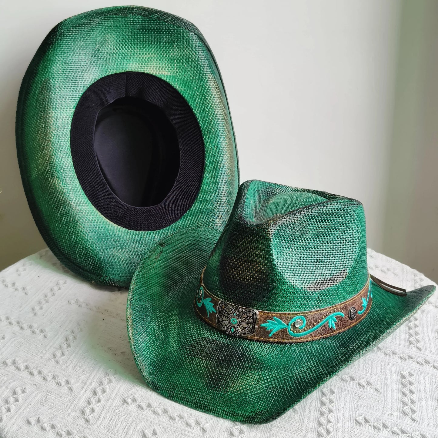 Hand-painted Western Cowboy hat Bronze green hat for men women Large Brim stiff straw hat summer sombrero vaquero hombreковбойс