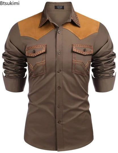 Chemise style cowboy western pour homme, printemps-automne 2025, manches longues, revers, vêtements décontractés et tendance