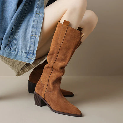 Bottes de Cowboy en Daim de Vache à Talons Hauts pour Femme, Style Vintage, Style Country Western, à la Mode, Automne Hiver