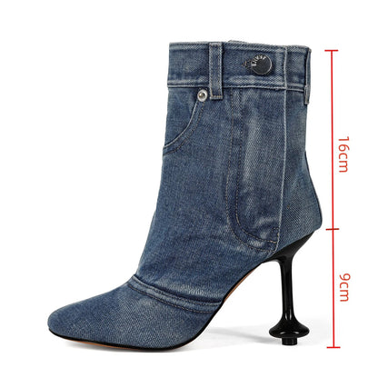 European and American Alien and Square Head Splicing Design Water Washed Cowboy Boots for Women's Trendy Side Zipper Short Boots