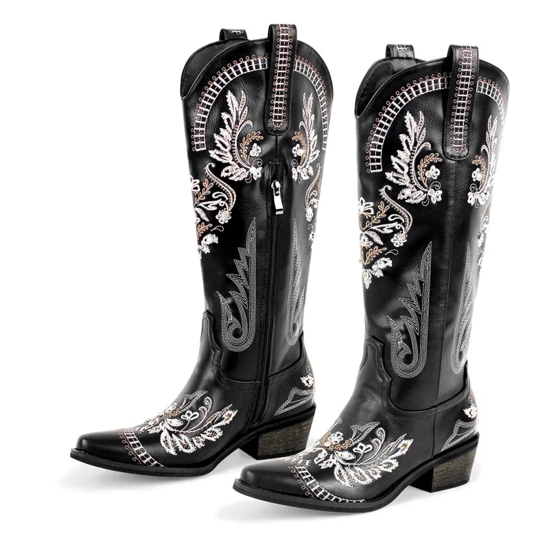 Bottes de cowboy blanches brodées Onlymaker pour femmes, à talon bloc, bout pointu, ornées de cristaux, style cowgirl.