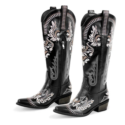 Bottes de cowboy blanches brodées Onlymaker pour femmes, à talon bloc, bout pointu, ornées de cristaux, style cowgirl.