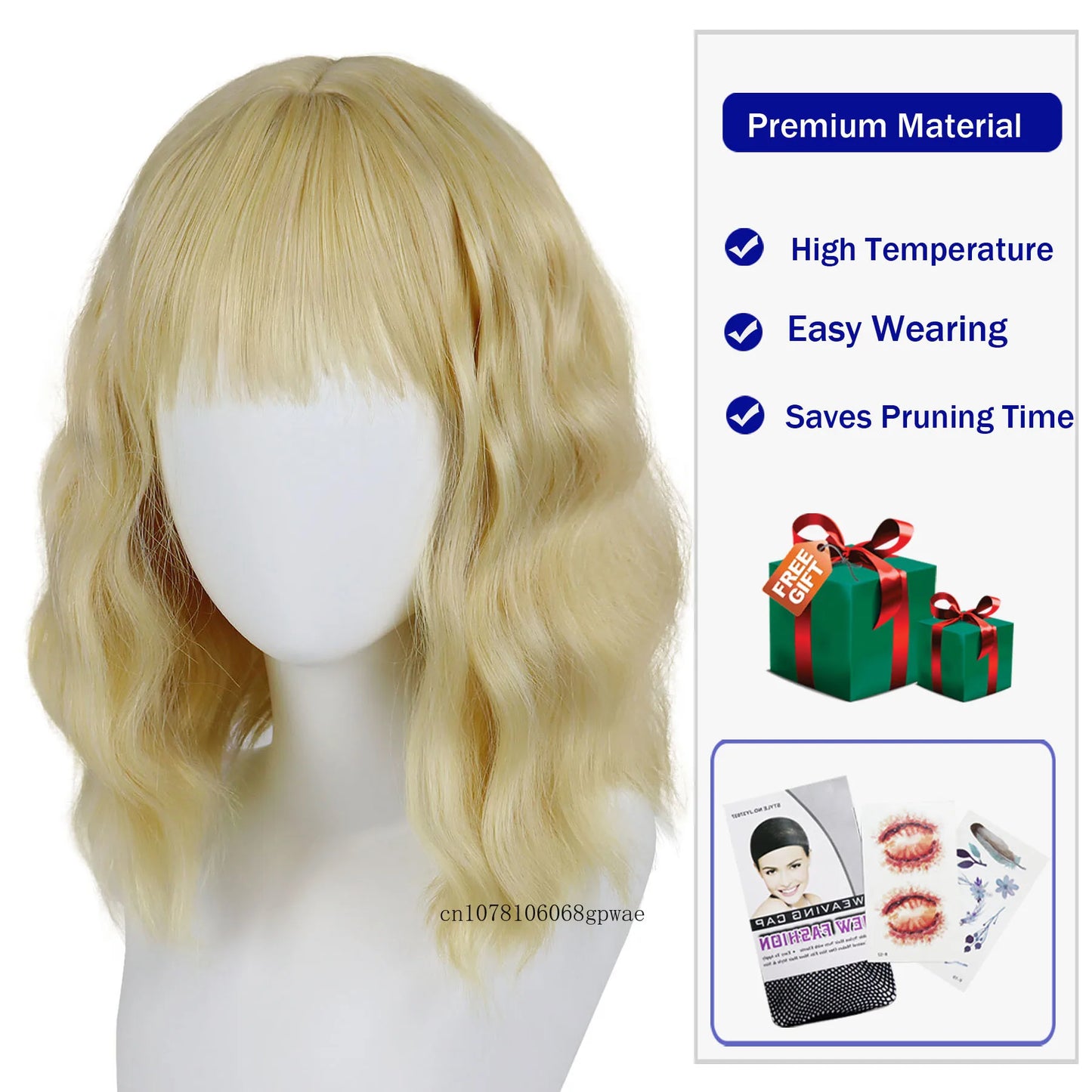 Synthetic Hair Blonde Short Curly Bob Wigs with Bangs Yellow Lolita Cosplay Wig for Women Daily Party Cosplay Heat Resistant