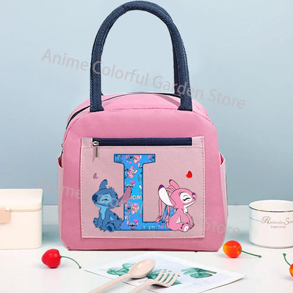 Anime Stitch High-capacity Lunch Bag Cartoon Letter A-Z Printed Insulated Box Picnic Portable Food Keep Fresh Handbag Bento Bags
