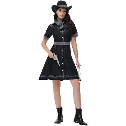 Costume de Cosplay de Cowgirl d'halloween pour femmes adultes, ensemble de robe fantaisie de fête de carnaval, Costume occidental noir pour spectacle sur scène