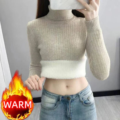 Turtleneck Winter Sweater Women Elegant Thicken Velvet Lined Warm Sueter Fleece Knitted Pullover Slim Top Jersey Knitwear Jumper