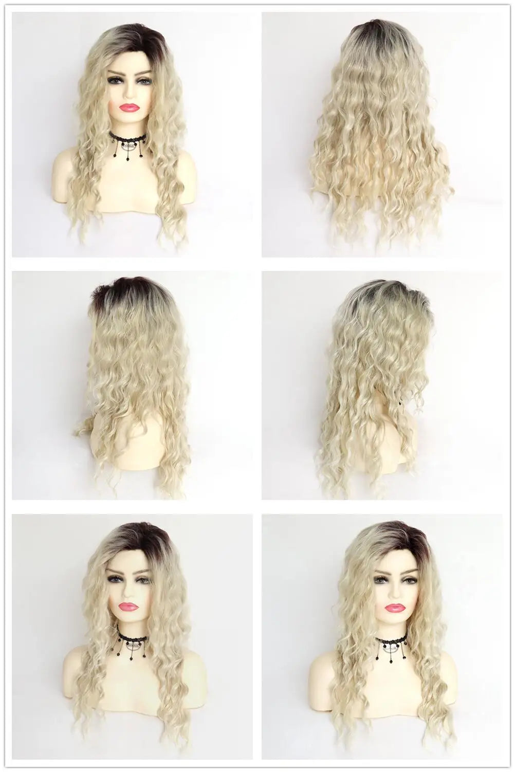Perruque blonde bouclée cheveux synthétiques longs naturels perruques ondulées pour femmes blanches, raie libre, racines foncées, perruques ombrées, perruque ondulée tendance + autocollants