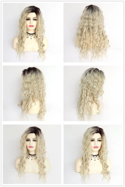 Perruque blonde bouclée cheveux synthétiques longs naturels perruques ondulées pour femmes blanches, raie libre, racines foncées, perruques ombrées, perruque ondulée tendance + autocollants