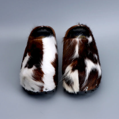 Luxury Handmade Women's Platform Fur Clogs,Studded Mules with Arch Support,Natural Calf Hair,Leather-Lined Vintage Cowboy Style