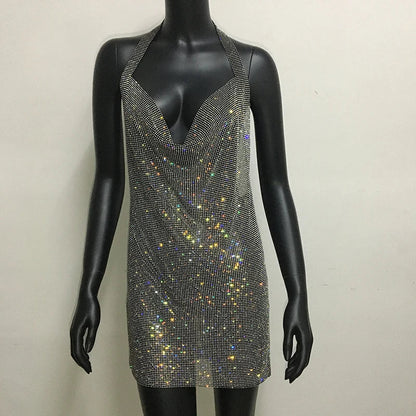 Robe de soirée sexy pour femme Bling Diamante, en cristal et strass, dos nu, pour festival, cocktail, soirée, rave.