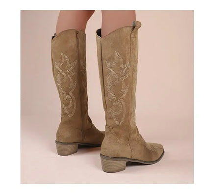 Bottes hautes à talon épais, amincissantes et longues, ne dépassant pas le genou, brodées, style rétro western cowboy, Nouvelle Collection Hiver 2025