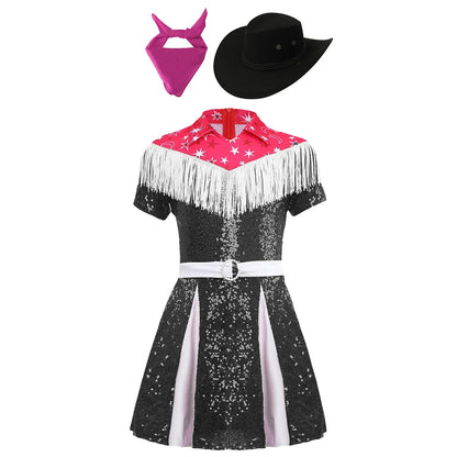 Costume de cow-girl western 3 pièces pour fille, robe plissée à paillettes avec chapeau de cowboy et bandana, pour Noël, Halloween, fête