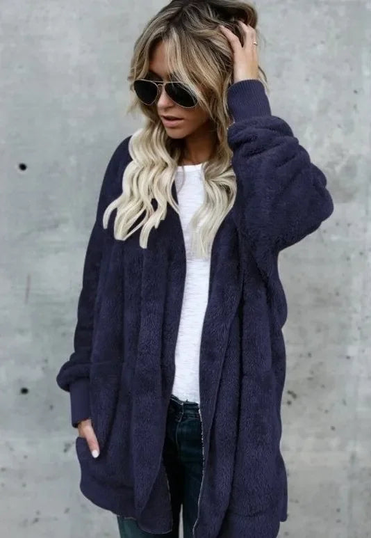 Winter Double Fleece Cardigan Jacket Autumn Women Solid Color Long Sleeve Plush Warm Hooded Lady Jacket Oversized Outerwear Coat