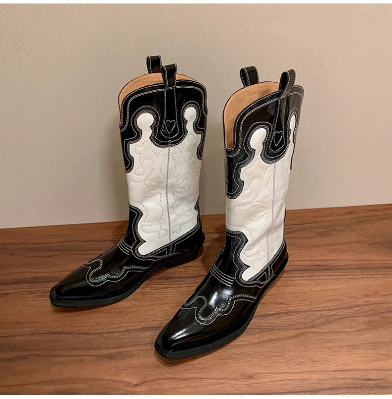 Bottes de cowboy Western Ods pour femmes en cuir véritable brodé, bout pointu, mi-mollet, style rétro, décontractées, de haute qualité