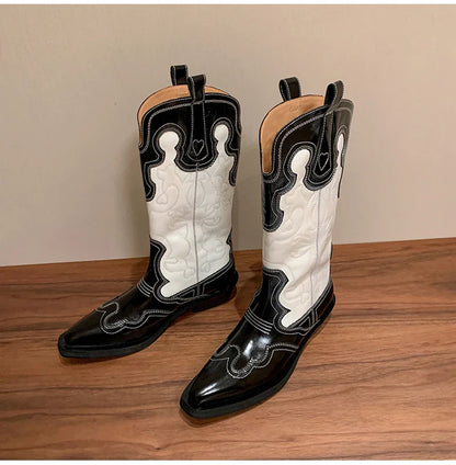Ods Cowboy Western Boots For Women Real Leather Embroidered Pointed Toe Mid-calf Western Boot Retro Fashion Casual High Quality