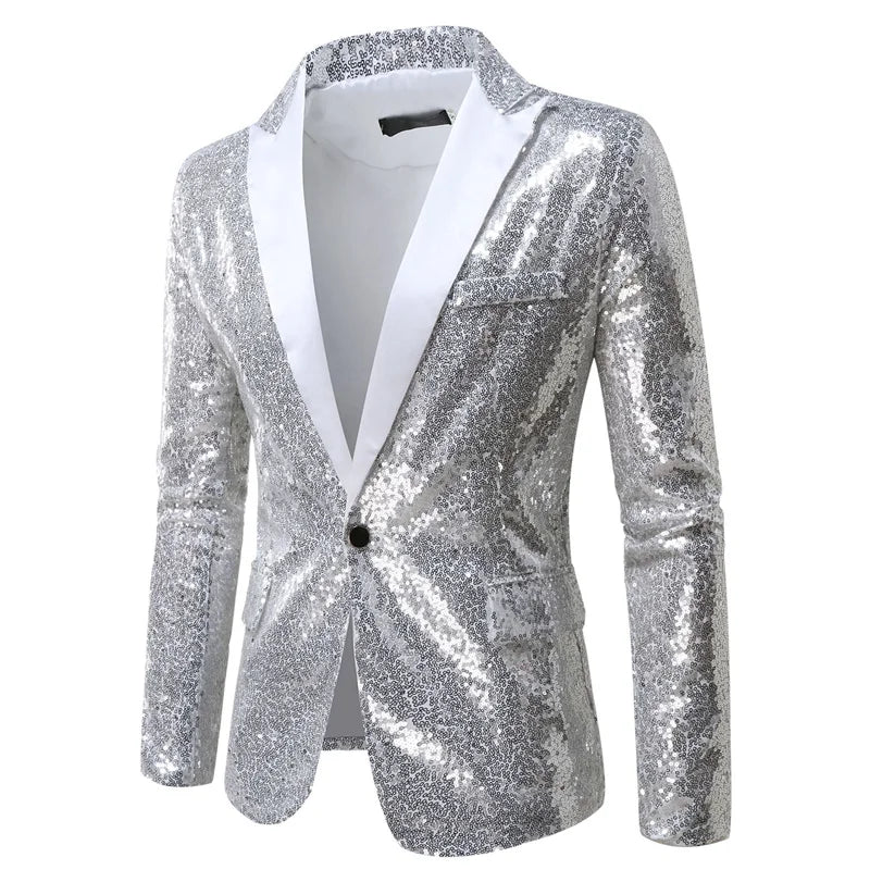 Fashion Men Luxurious Sequin Suit Jacket Green / Silver Men's Bar KTV Stage Dress Male Blazer Coat