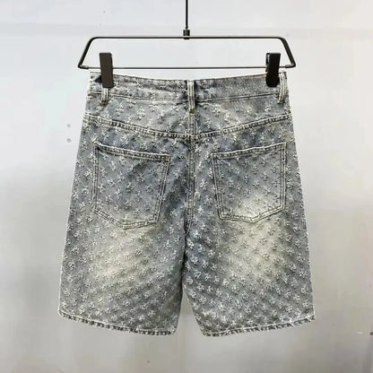 American Street Luxury Quality Retro Y2K Cowboy Shorts Summer Hip Hop Ins Mens Shaved Jacquard Couple Cowboy Pentagonal Pants