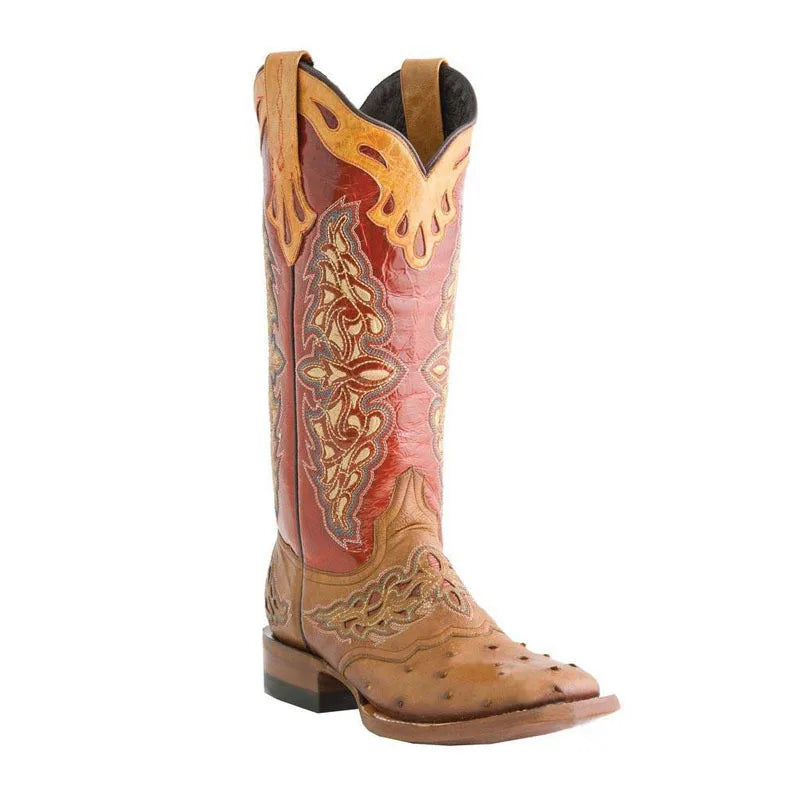 Leather Embroider Western Cowboy Retro Cowgirl Boots Low Heels Knee High Boots Female Footwea