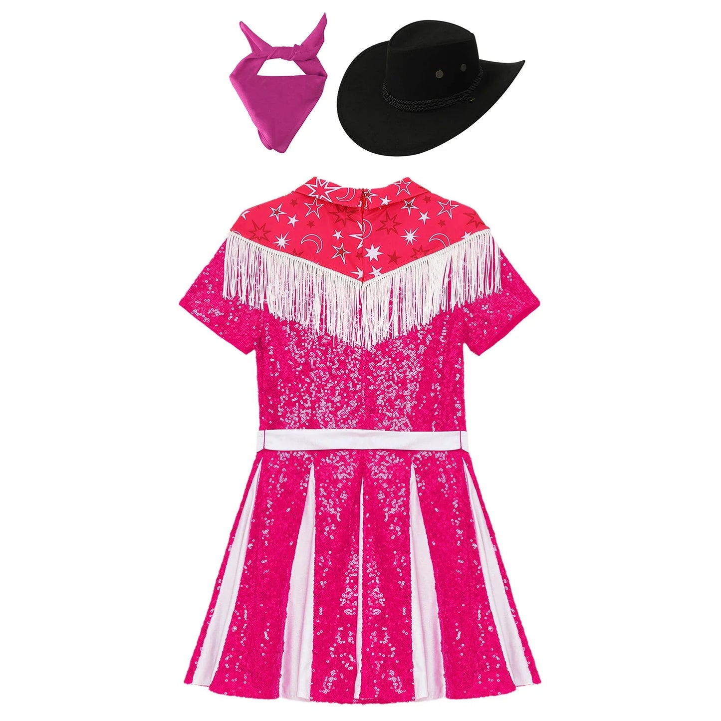 Déguisement de cow-girl pour enfants filles, robe à franges et paillettes avec chapeau de cowboy et bandana, tenue de fête de carnaval d'Halloween