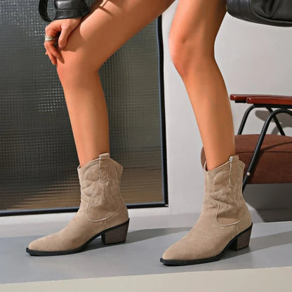 Women Boots 2025 New Cowboy Retro Leather Ankle Boots Comfortable Embroidered Spring Autumn Sexy High Short Boots Botas Mujer
