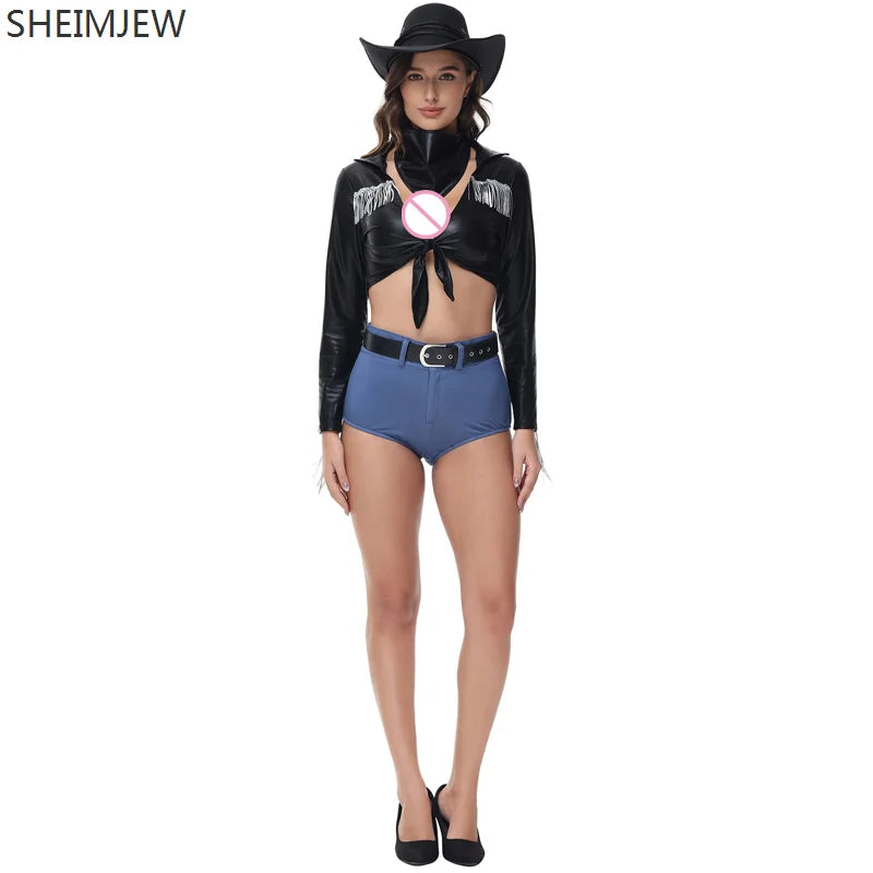 Costume de Cosplay de Cowboy occidental Disco, chanteur Sexy, pompon d'halloween, col en V profond, chemise en cuir à manches longues, pantalon court, Costume Hottie