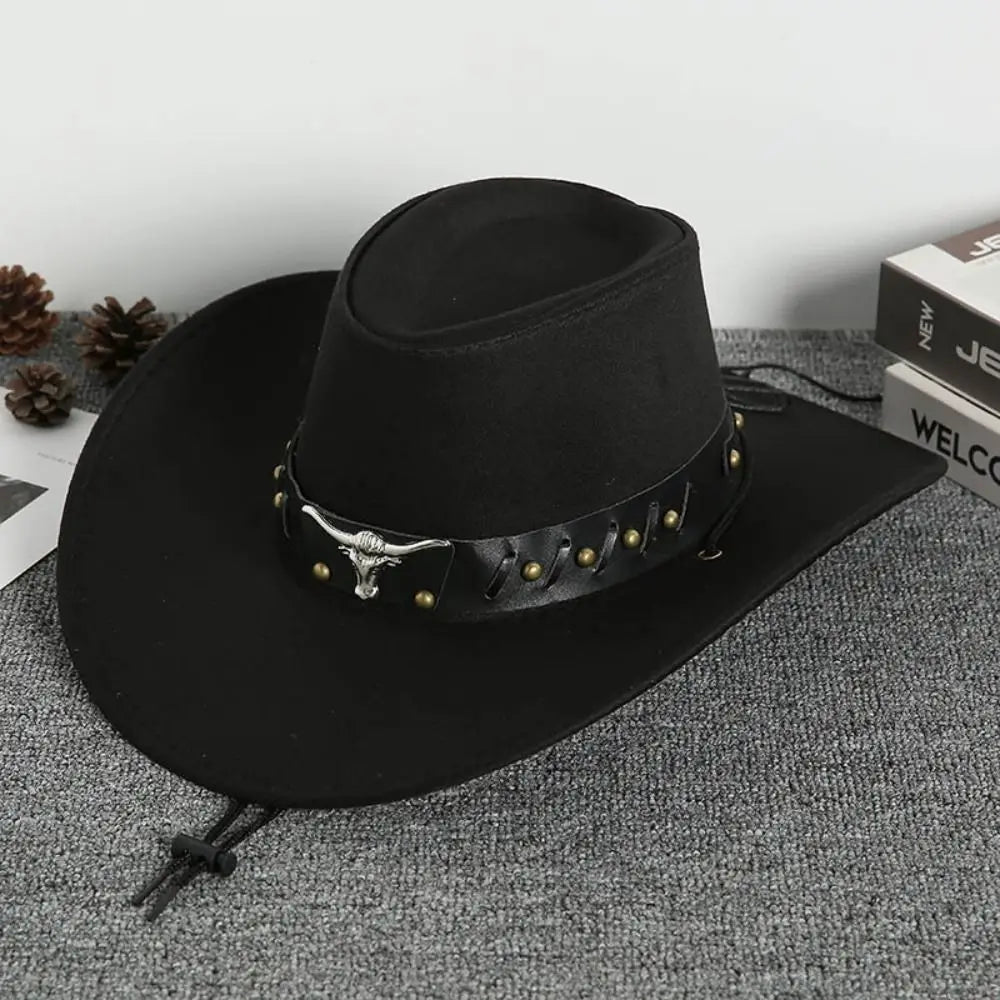 Chapeau de Cowboy occidental de Style ethnique Cool, chapeau de Jazz à large bord en rouleau, tête de vache, chapeau de chevalier de couleur unie, Protection solaire