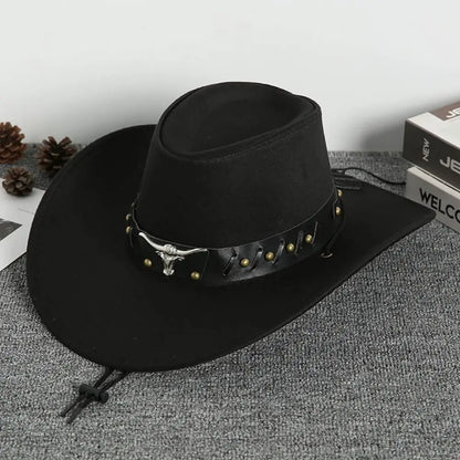 Chapeau de Cowboy occidental de Style ethnique Cool, chapeau de Jazz à large bord en rouleau, tête de vache, chapeau de chevalier de couleur unie, Protection solaire