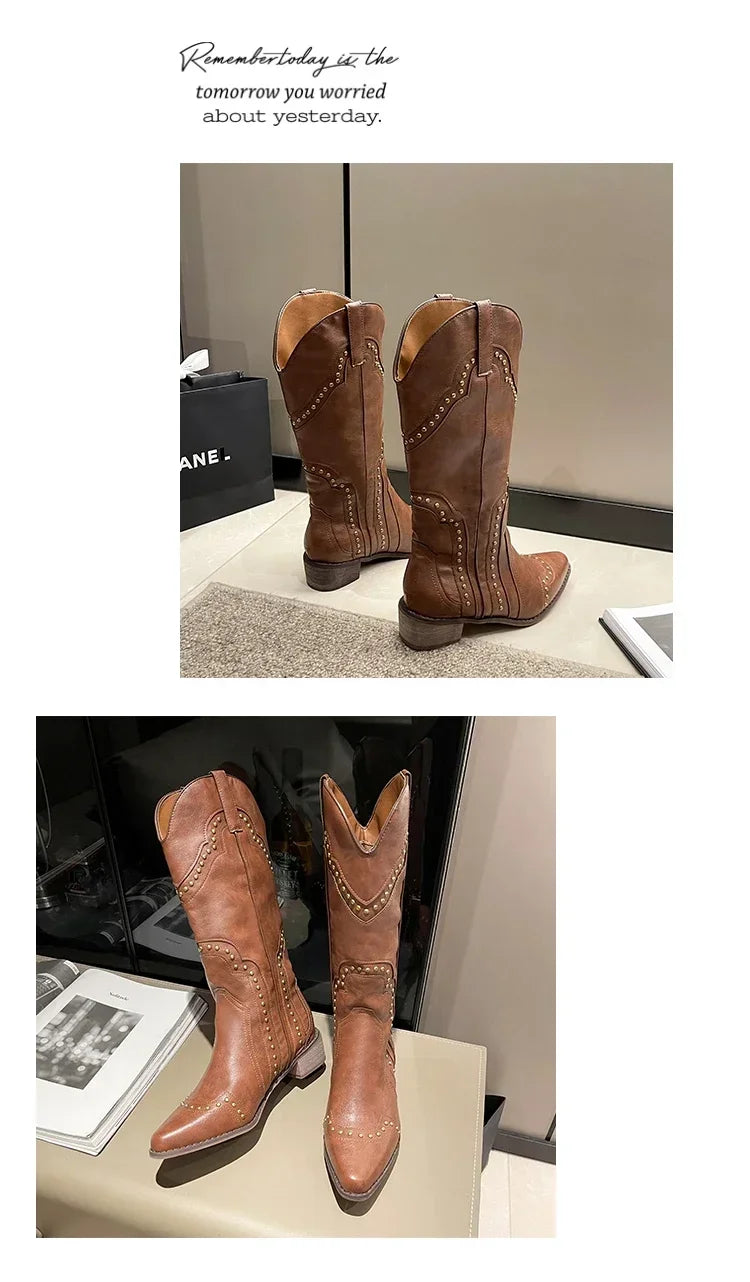 2025 New Women's Boots Low Heel Cowboy Western Short Leather Knee High Luxury Designer Gothic New Rock Shoes Vintage