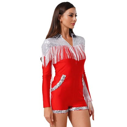 Womens Halloween Western Cowgirl Playsuit Sparkly Cosplay Costume 70s 80s Disco Bodysuit Tassel Fringe Sequins Boyshorts Rompers