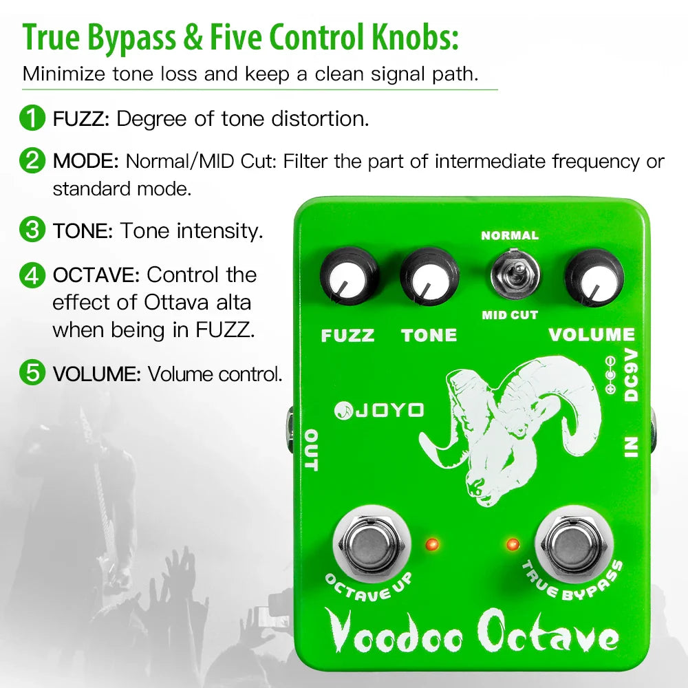 JOYO JF-12 Voodoo Octave Fuzz pédale d'effet guitare à la distorsion et effet octave véritable contournement guitare électrique pédale de basse