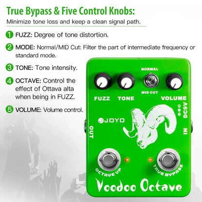 JOYO JF-12 Voodoo Octave Fuzz pédale d'effet guitare à la distorsion et effet octave véritable contournement guitare électrique pédale de basse