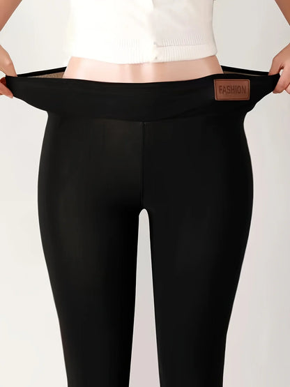 Leggings d'hiver épais pour femmes, doublés polaire chaude, pantalon thermique simple et tendance, leggings noirs amincissants, taille haute élastique, couleur unie