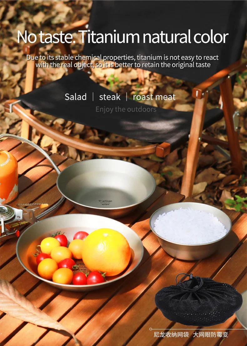 Tiartisan-Filles à repas de camping en titane, assiettes, ustensiles, randonnée en plein air, ultraléger, portable, empilable, plats à salade, ensemble de britware