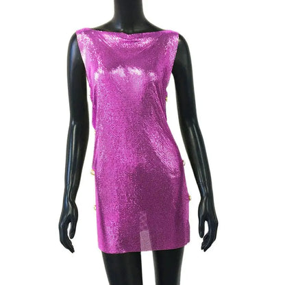 Shiny Y2k Metallic Sequins Mini Dresses For Women Sleeveless Backless Sexy Low Cut See Through Sexy Solid Clubwear Party Dress
