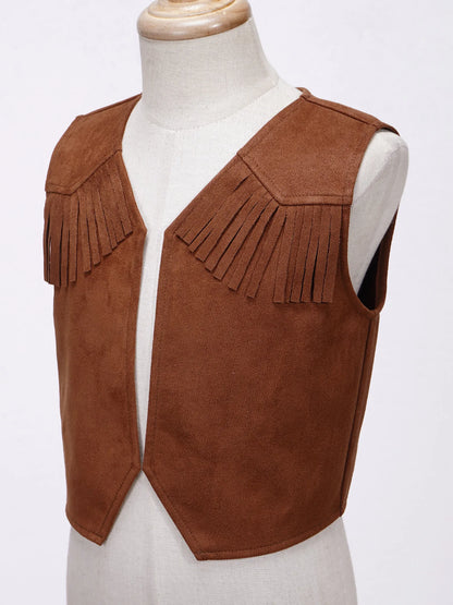 Gilet de Cowboy occidental pour enfants, garçons et filles, Costume de Cosplay d'halloween, pompon en daim, manteau ouvert sur le devant, hauts