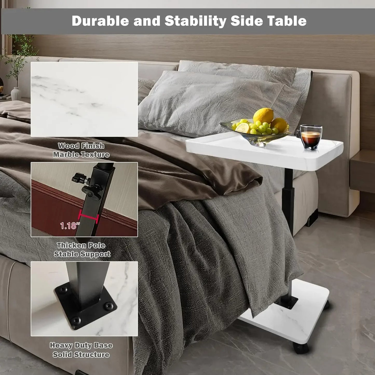 Chariot roulant réglable, Table de chevet, bureau pour ordinateur portable, lit médical pour la maison, plateau alimentaire 360 °   Bureau à domicile de table de plateau de canapé rotatif