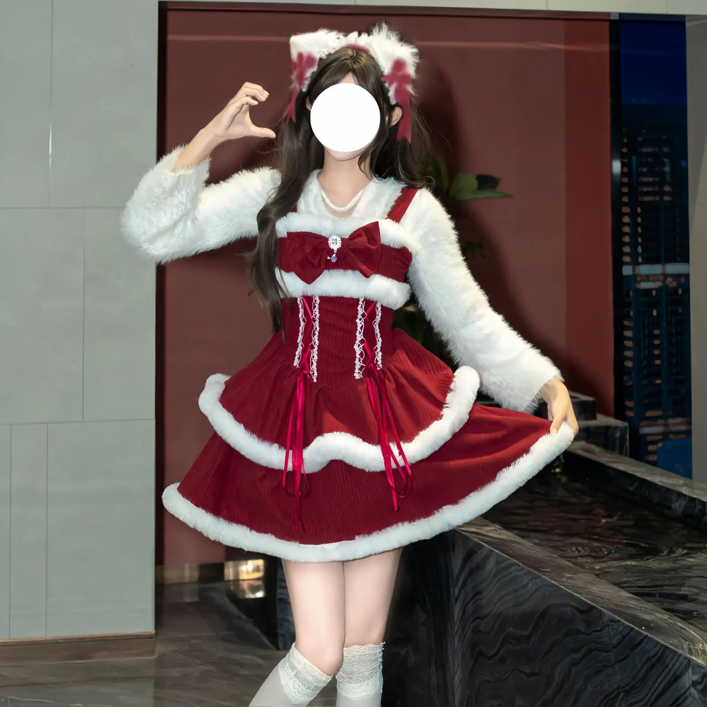NONSAR-Ensembles de robes Lolita Kawaii japonaises pour femmes, châle à capuche, nœud, mini robe à bretelles, style coréen, doux, rouge, Noël, nouvel an imbibé
