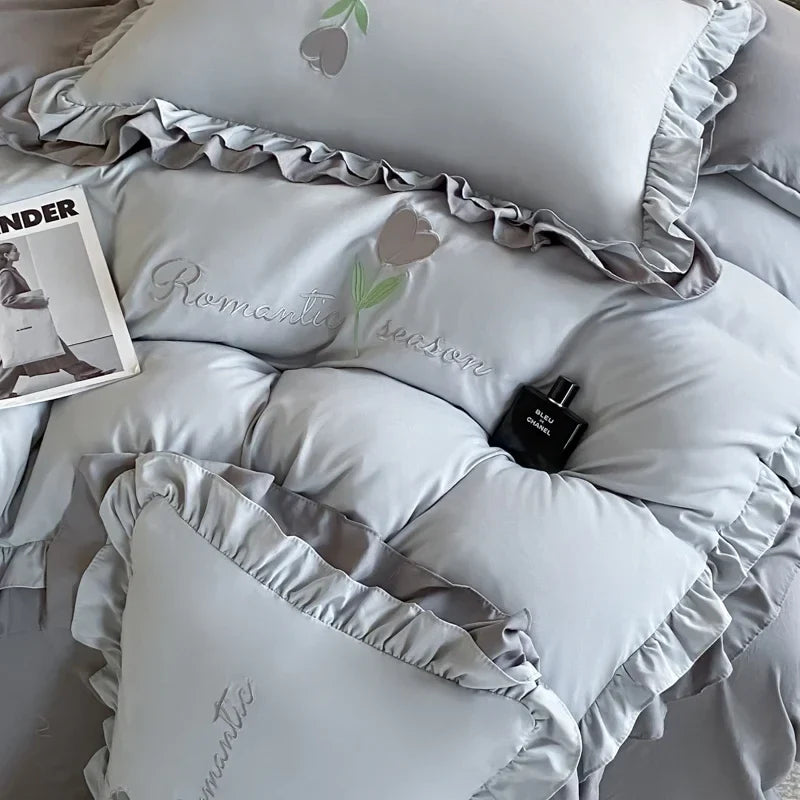 Elegance French Style Bedding Set Duvet Cover Set High Quality  2024 New Lace Princess Embroidery Double Layer Edge King Queen