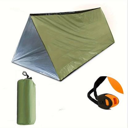 Tente d'urgence équipée d'une couverture isolante verte durable, résistante au froid et à la pluie, parfaite pour le camping et les activités de plein air