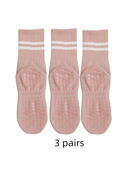 3 paires de chaussettes de yoga, longueur moyenne, en pur coton antidérapant avec silicone pour fitness et Pilates en intérieur, chaussettes de sport en gros pour femmes.
