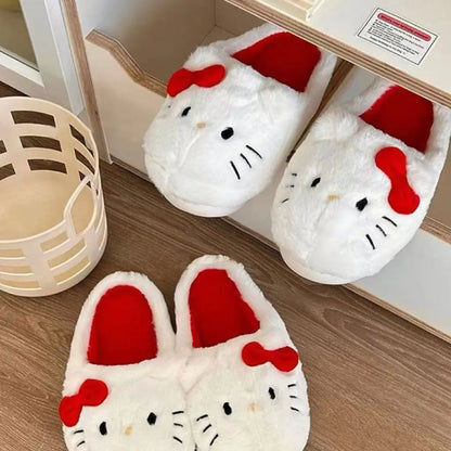 Sanrio Hello Kitty Plush Slippers Kawaii Keep Warm Anti-slip Autumn Female Winter Bedroom Student Child Cute Plush Slippers