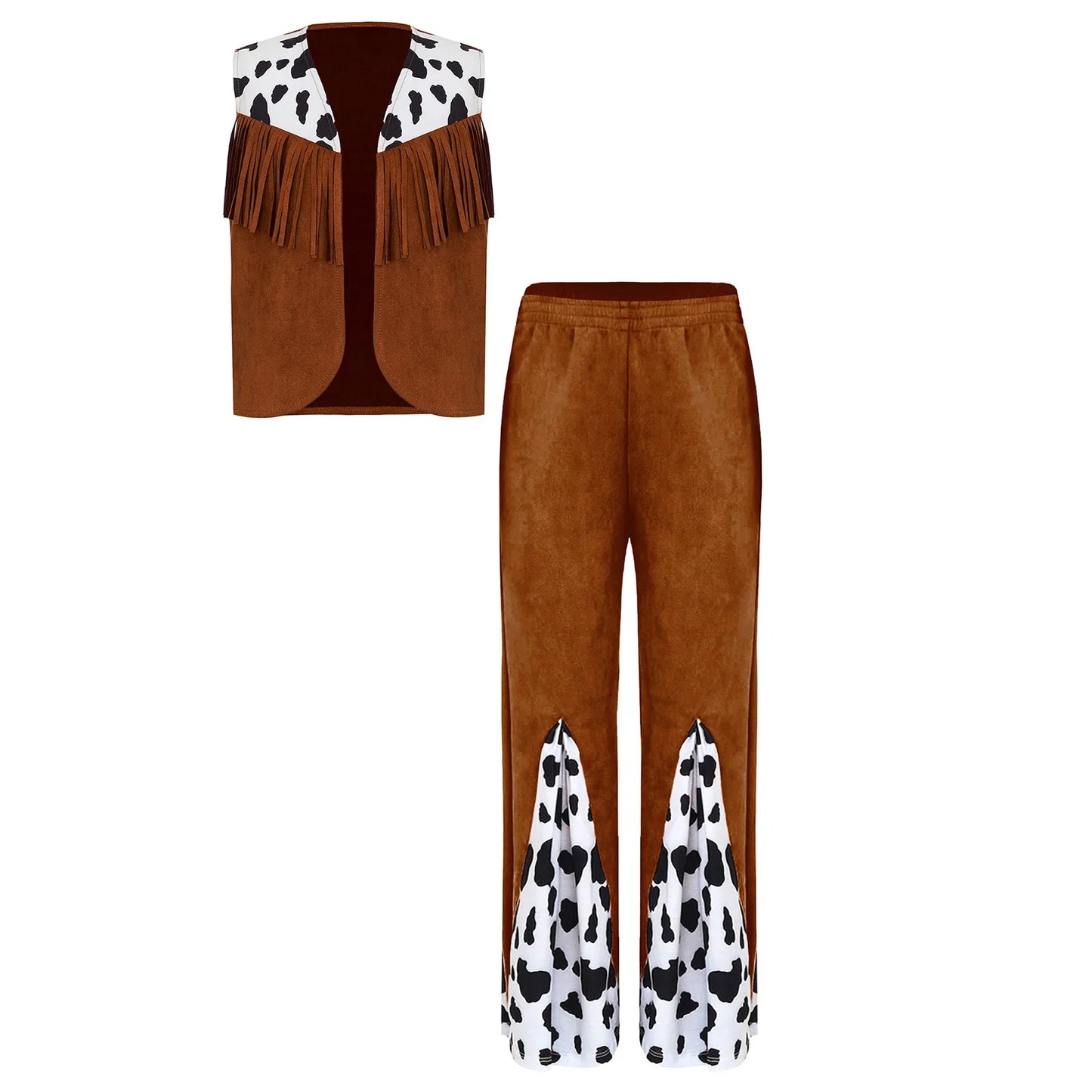 Enfants enfant Halloween Western Cowboy Cowgirl Cosplay Costume imprimé vache gilet à pampilles et ensemble de pantalon évasé Carnaval fête habiller