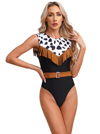 Grenouillère de cow-girl pionnière pour femmes, avec ceinture de taille en daim, costume de cow-boy pour fête d'Halloween, cosplay pour adultes, combinaison de discothèque