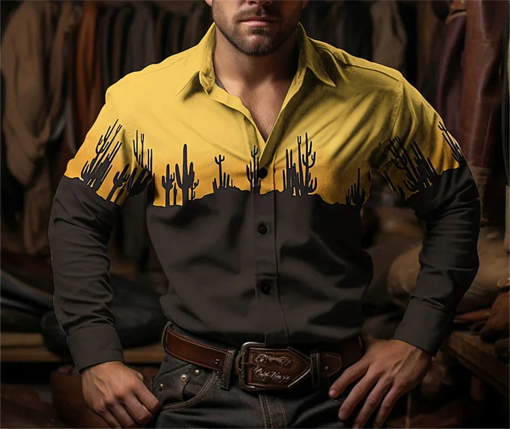 Western Cowboy Flower Printed Long Sleeve Shirt for Spring and Summer Comfortable Soft Fabric Party Men's Collar Shirt