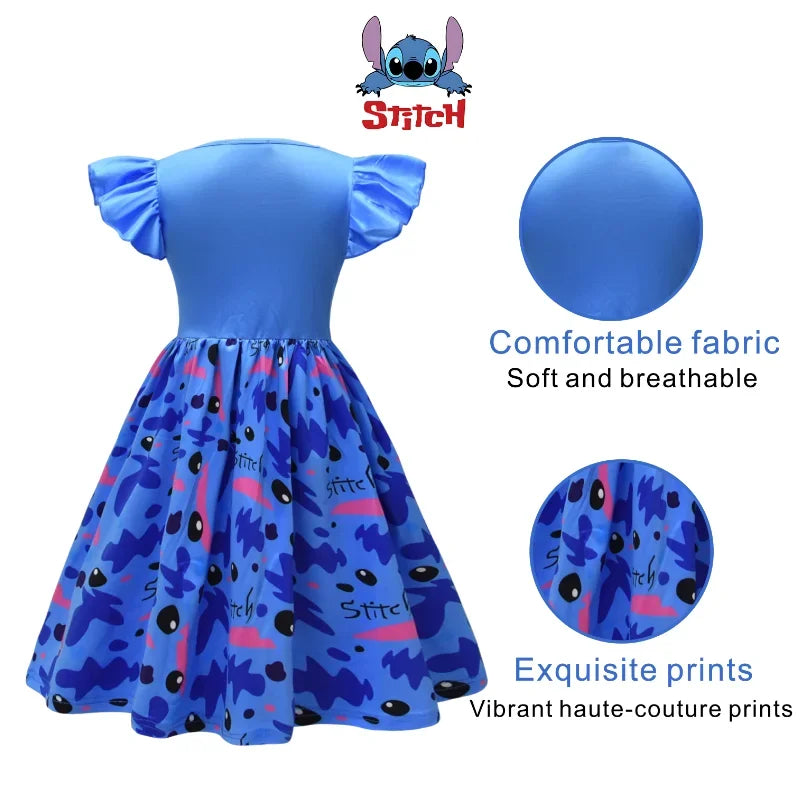 Costume de Cosplay Lilo et Stitch pour filles, robe de princesse bleue foncée imprimée, manches volantes, longueur aux genoux