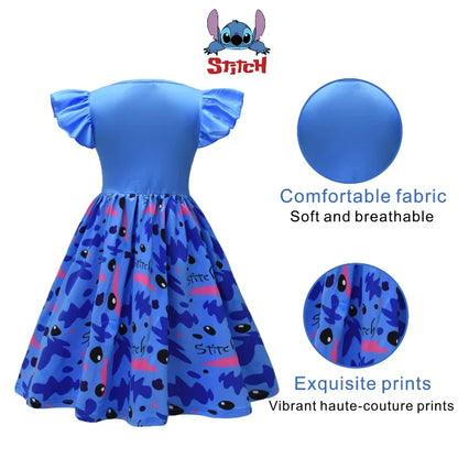 Costume de Cosplay Lilo et Stitch pour filles, robe de princesse bleue foncée imprimée, manches volantes, longueur aux genoux